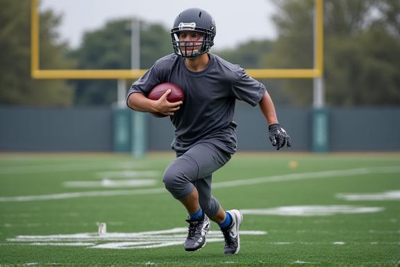 Teenage football player doing advanced agility drills.