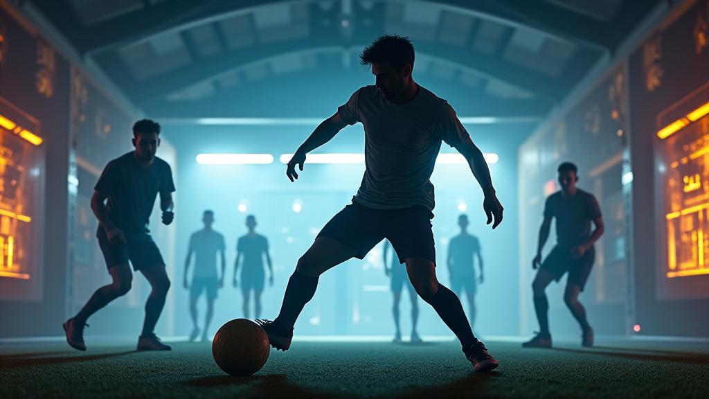 A football player striking a ball in a futuristic training facility.